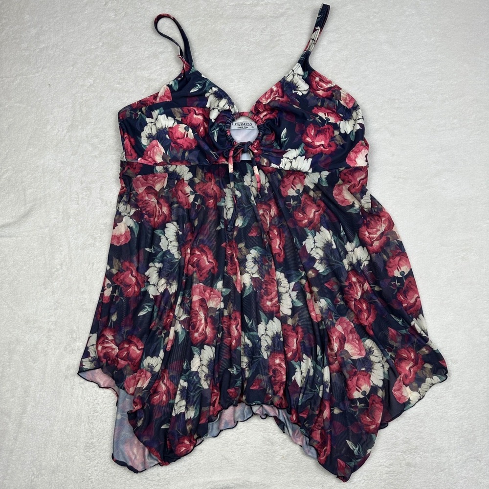 Finwanlo Womens XL Floral Mesh Swim Dress Tankini Top Navy Red Handkerchief Hem